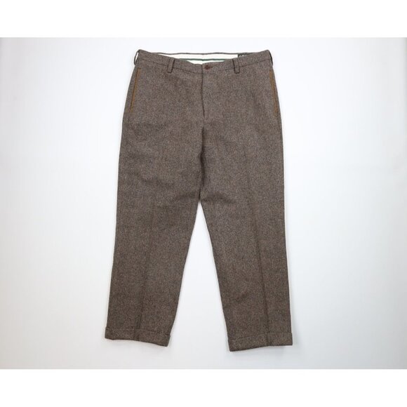 Vintage 90s Orvis Mens 38x29 Suede Trim Cuffed Wool Tweed Chino Pants Brown